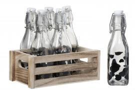 Kasse 6 flasker med propp Kumønster Tre/Glass Transparent/Sort 21,2x13,5x20 , hemmetshjarta.no