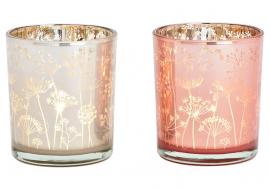 Telysholder blomsterdekor glass rosa krem ??2-pack (B/H/D) 9x10x9cm , hemmetshjarta.no