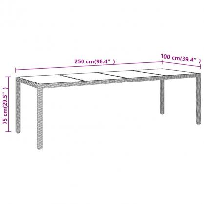 Spisebord for hage med glassplate 250x100x75 cm brun kunstrotting , hemmetshjarta.no
