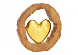 Dekorativt hjerte i mangotre sirkel metall gull (B/H/D) 28x29x5cm , hemmetshjarta.no