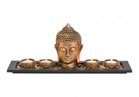 Dekorasjon Buddha brun 4 telysholdere brett steiner (B/H/D) 41x17x11 cm , hemmetshjarta.no