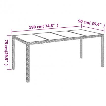 Spisebord for hage med glassplate 190x90x75 cm sort kunstrotting , hemmetshjarta.no