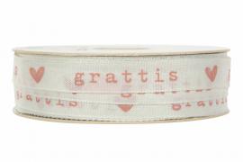 Bånd Grattis / Hjerte rosa 12mm, 50m , hemmetshjarta.no