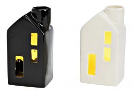 Dekorasjon Hus Porselen hvit svart LED 2-pack (B/H/D) 6x12x5cm 3xLR44 not ink , hemmetshjarta.no