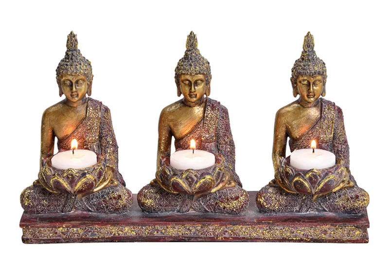 Dekorasjon Buddha telysestake 3 lys polyresin (B/H/D) 29x8x17cm , hemmetshjarta.no