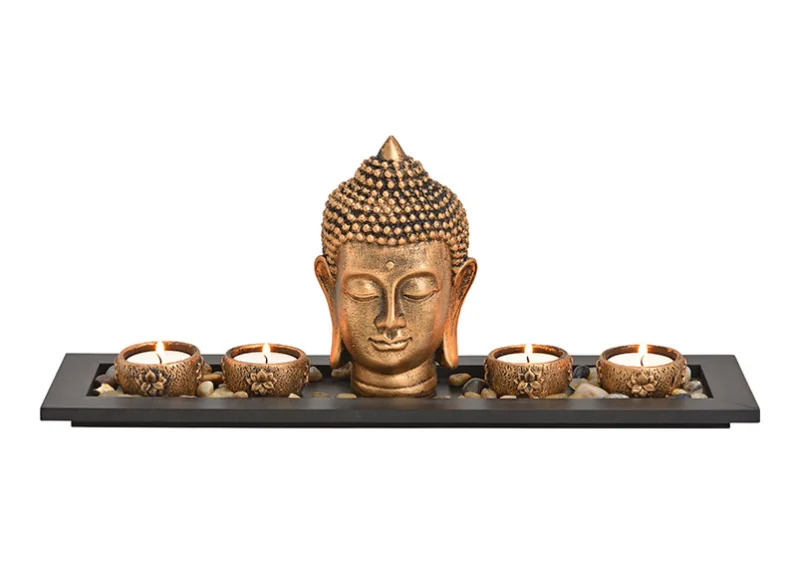 Dekorasjon Buddha brun 4 telysholdere brett steiner (B/H/D) 41x17x11 cm , hemmetshjarta.no