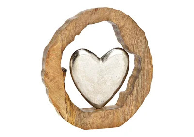 Dekorativt hjerte i mangotre sirkel metall slv (B/H/D) 28x29x5cm , hemmetshjarta.no